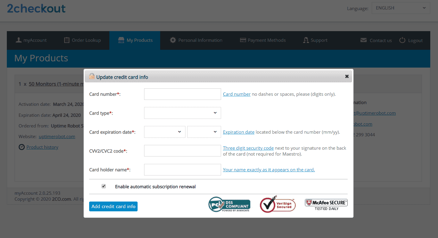 Screenshot of Entering a new credit card on 2checkout